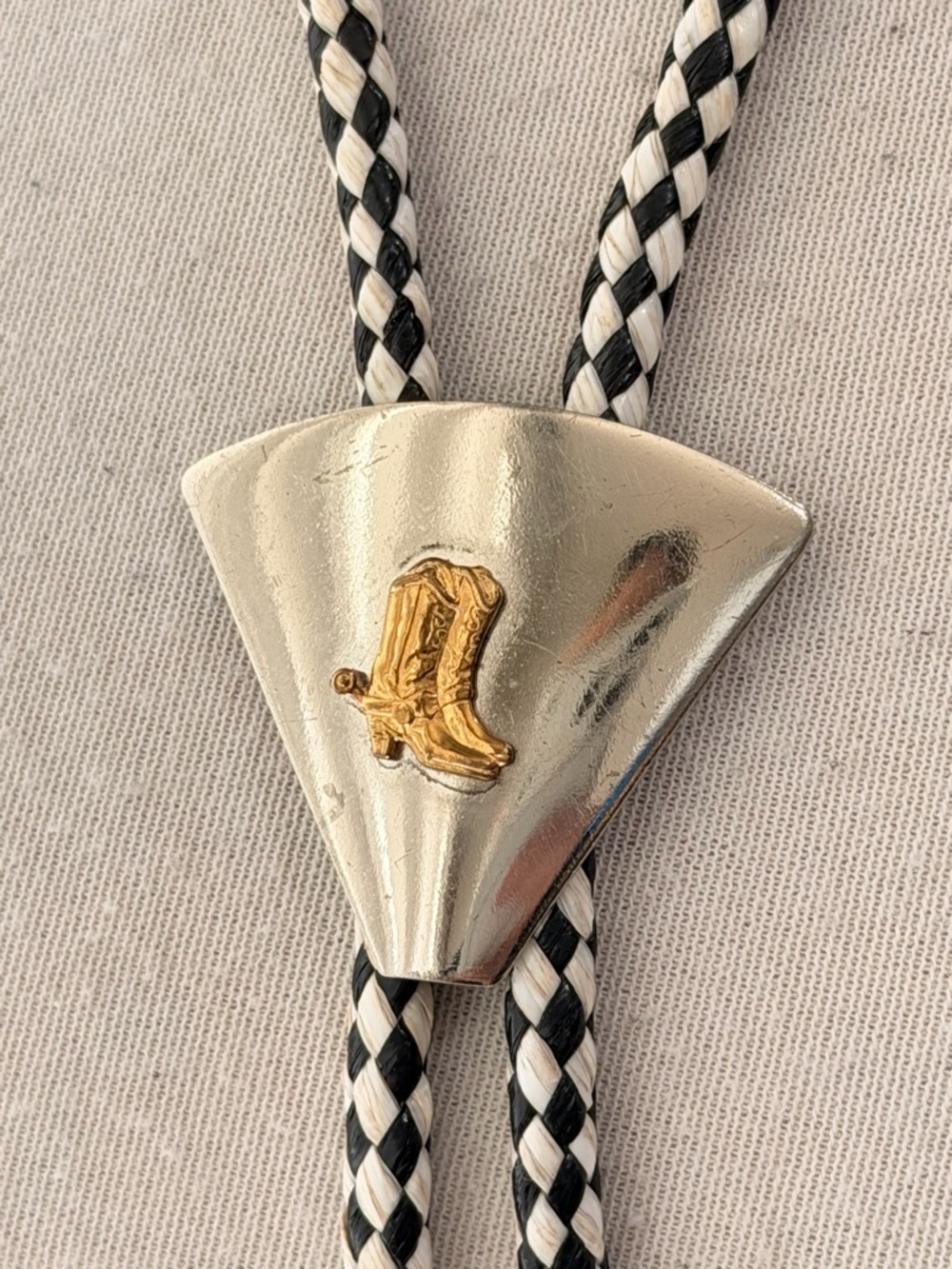 Vintage Bolo Tie Cowboy Boot Slide Black White Braided Cord Western Tie - Picture 2 of 3